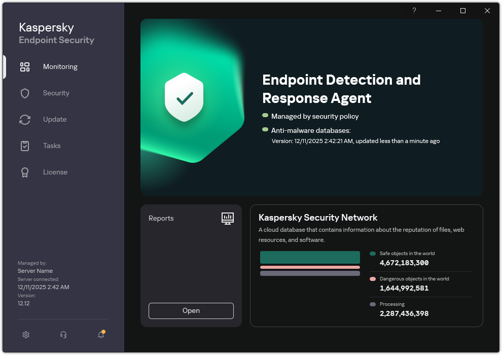 Main application window in Endpoint Detection and Response Agent mode.