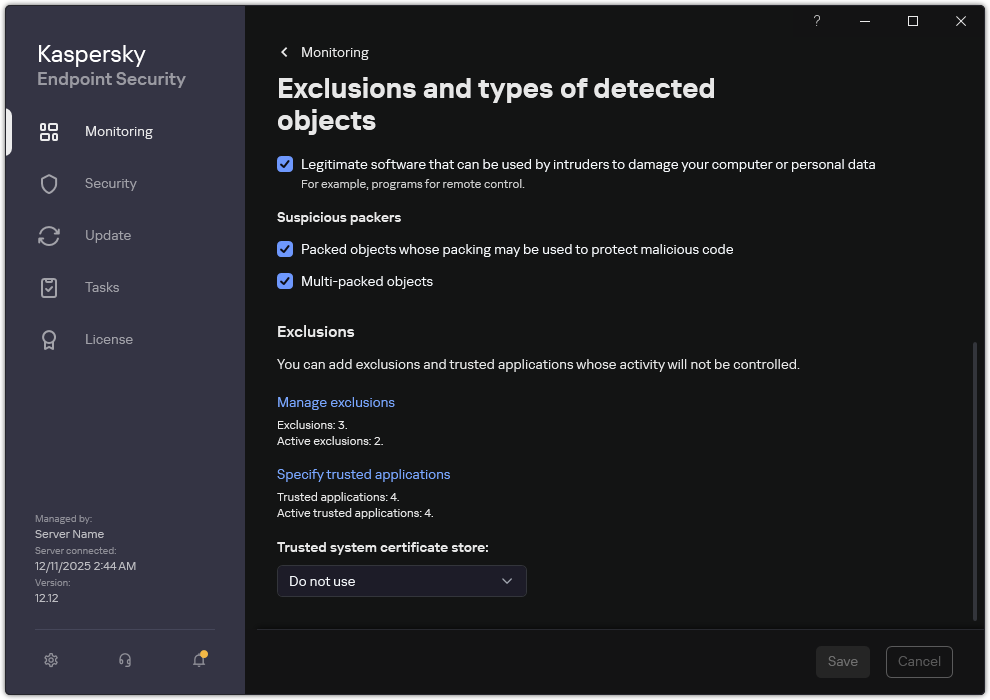 Exclusion settings window. The user can add exclusions and trusted applications.