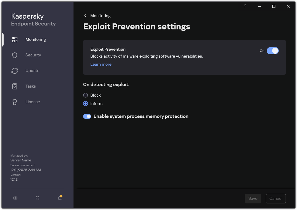 Exploit Prevention settings window
