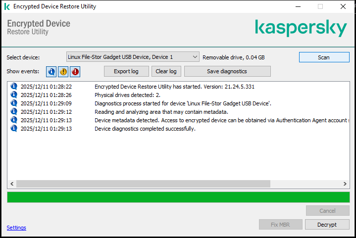 A window with the list of utility events. The user can run diagnostics and decrypt the selected device.
