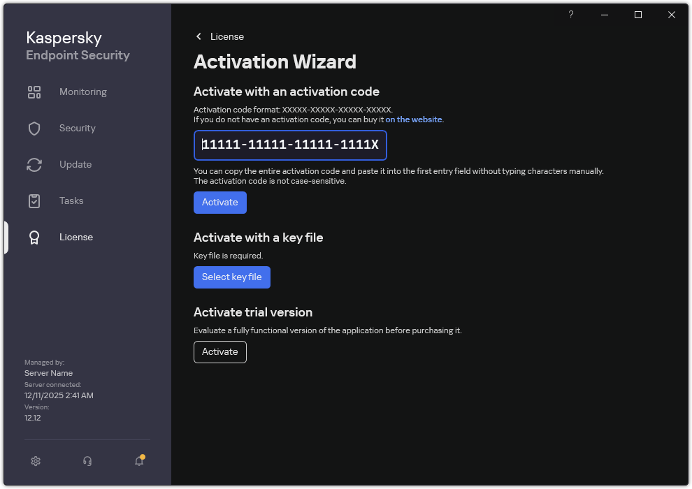 Window with the application activation tools. The user can enter an activation code or select a key file.
