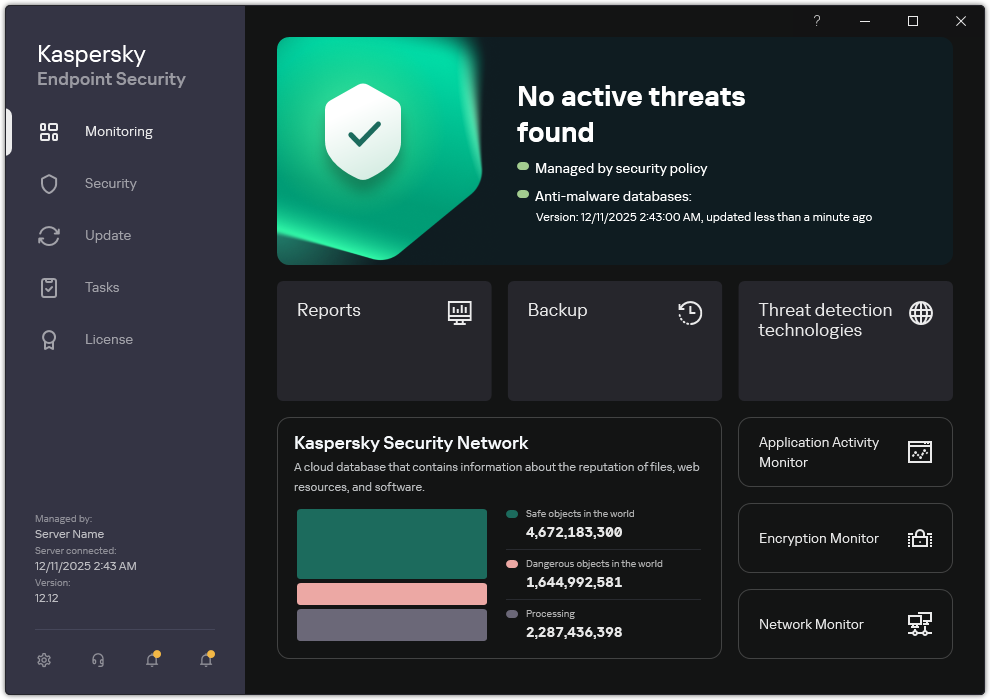 The main application window contains sections for computer security monitoring and application control.