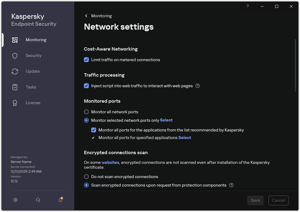 Application network settings window.