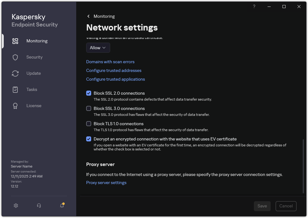 Application network settings window.