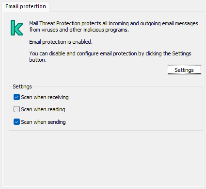 Kaspersky extension for Outlook window. The user can configure messages to be scanned when received, read or sent.