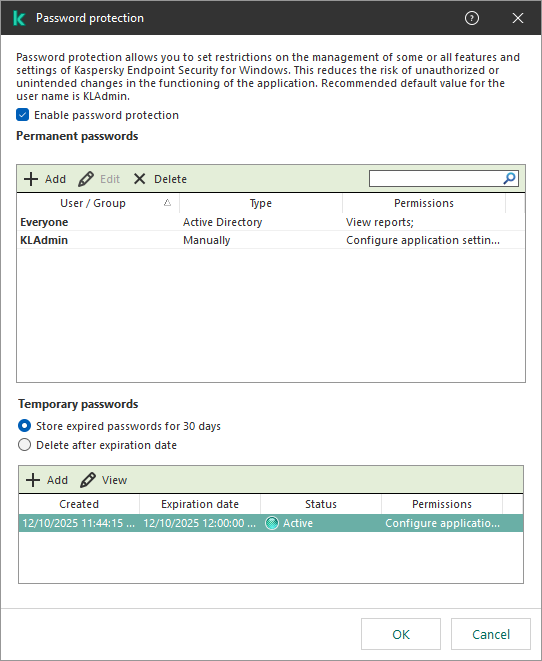 Management of temporary passwords window.