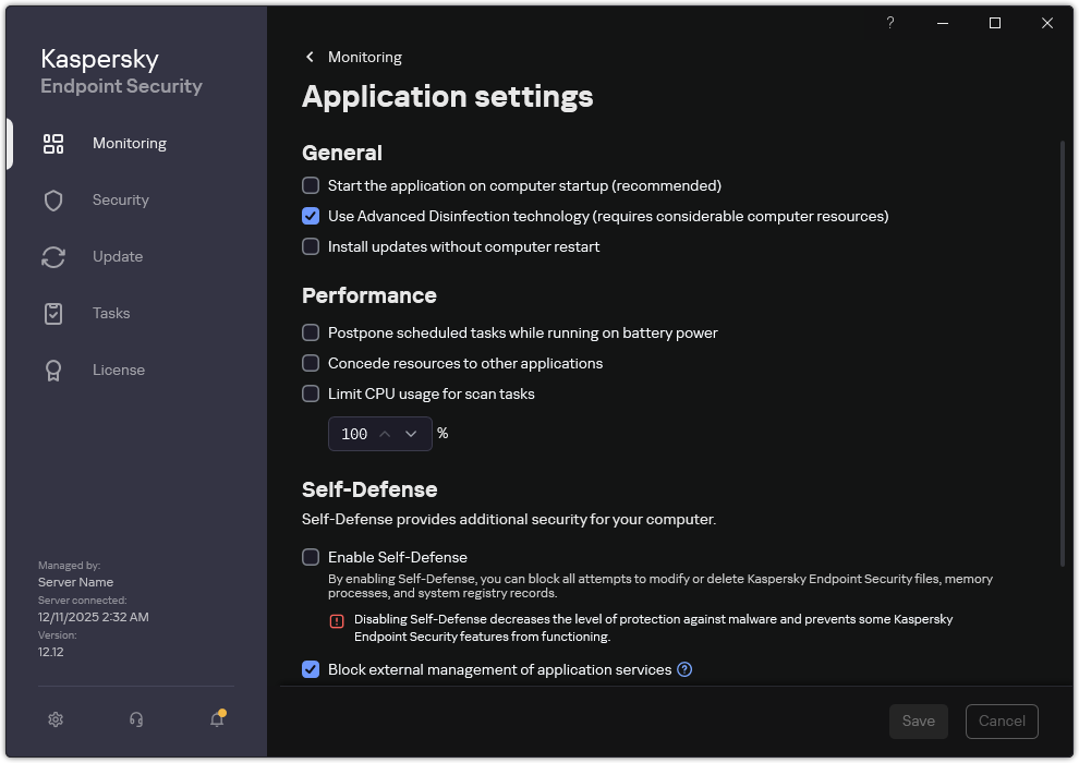 Application settings window. The user can configure performance, self-defense and other settings.