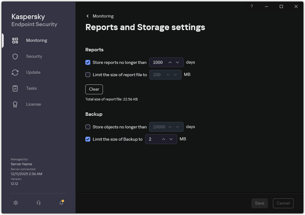 Reports and Storage settings window. The user can set the size and limit the storage time of reports and objects in the repository.