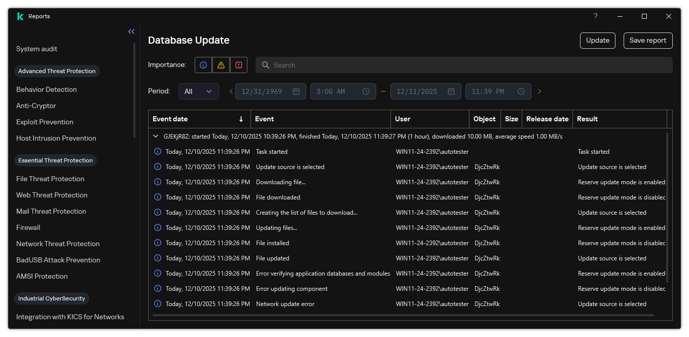A window with the list of events in the report. The user can filter/sort events and save reports to a file.