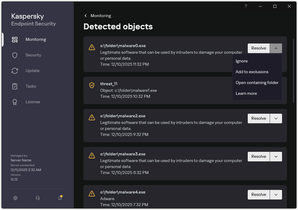 A window with the list of detected objects. Information about the object is displayed. The user can resolve or remove the object.