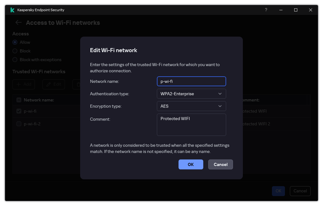 The window contains the settings of the trusted Wi-Fi network.