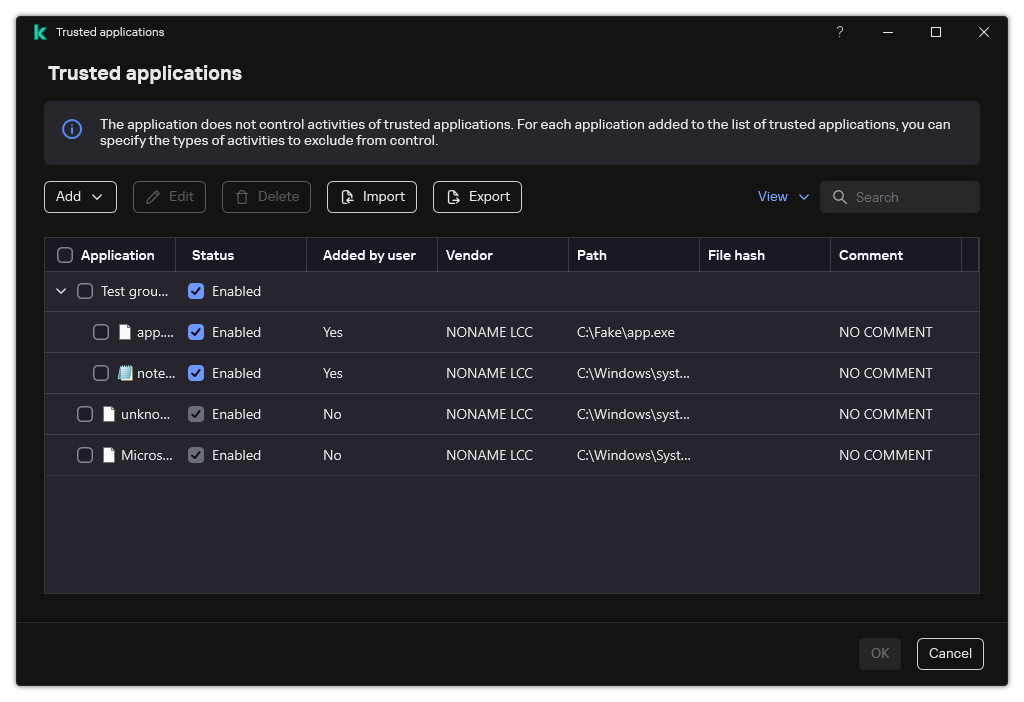 A window with the list of trusted applications. The user can add, edit or remove a trusted application.