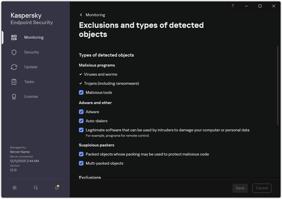 Exclusion settings window. The user can select types of detectable objects and add objects to exclusions.