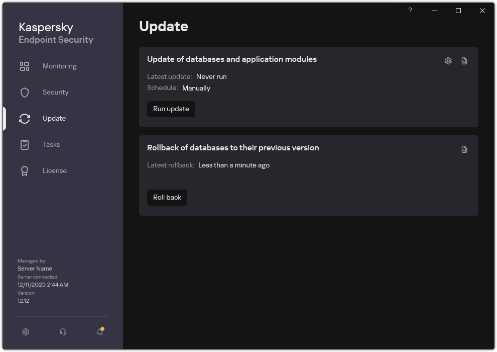 A window with the list of local update tasks. The user can start and roll back the update.
