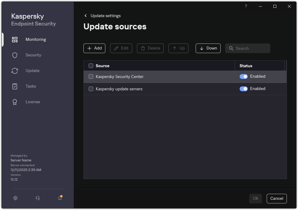 A window with the list of update sources. The user can add update sources and assign a priority to the source.