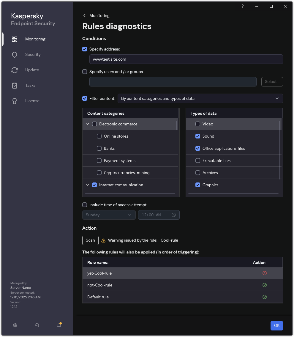 Web resource test results window.
