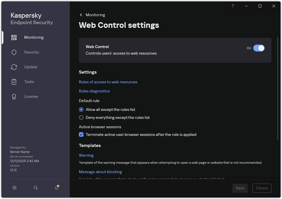 Web Control settings window.