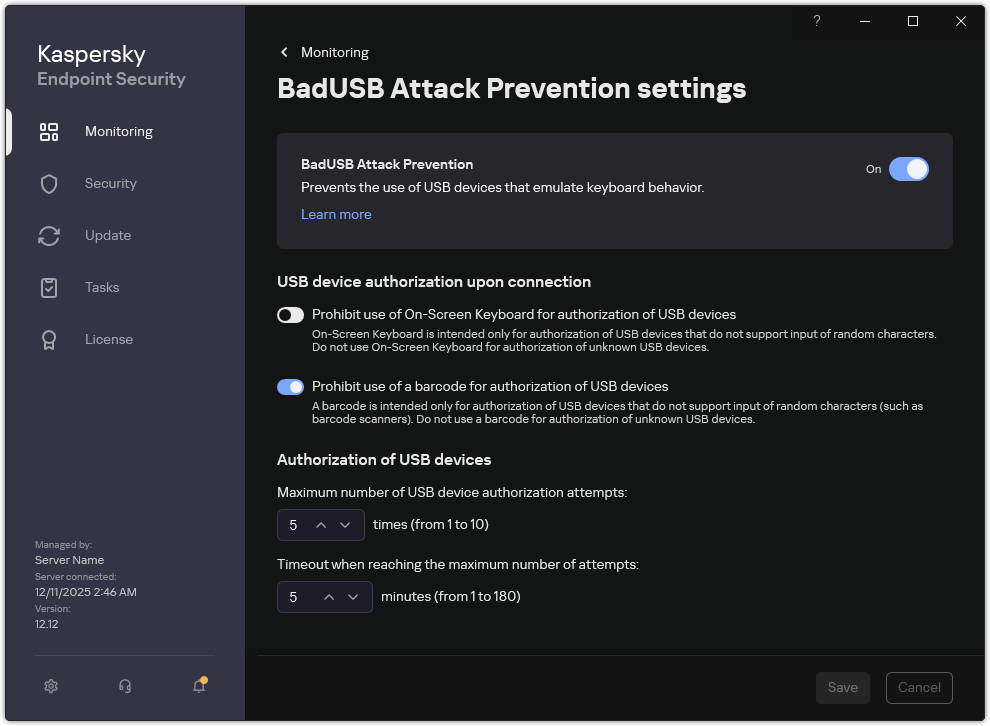 BadUSB Attack Prevention settings window.