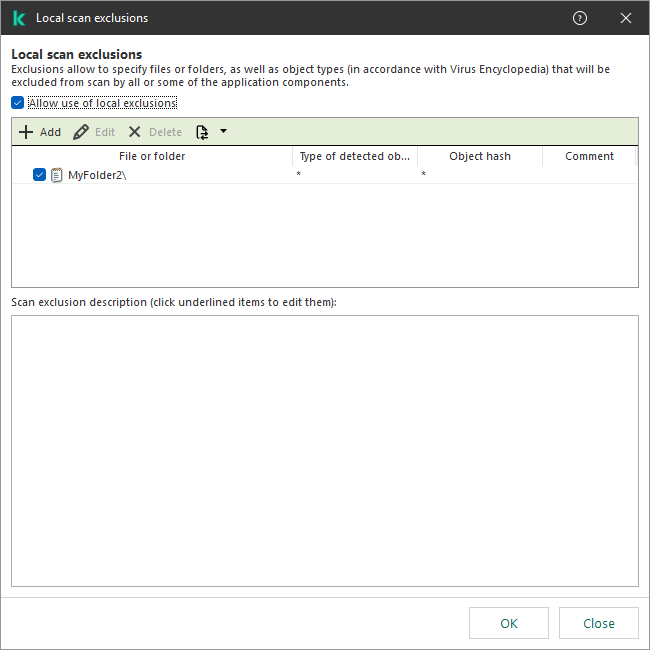 Local scan exclusions window. The user can add, modify and delete exclusions.