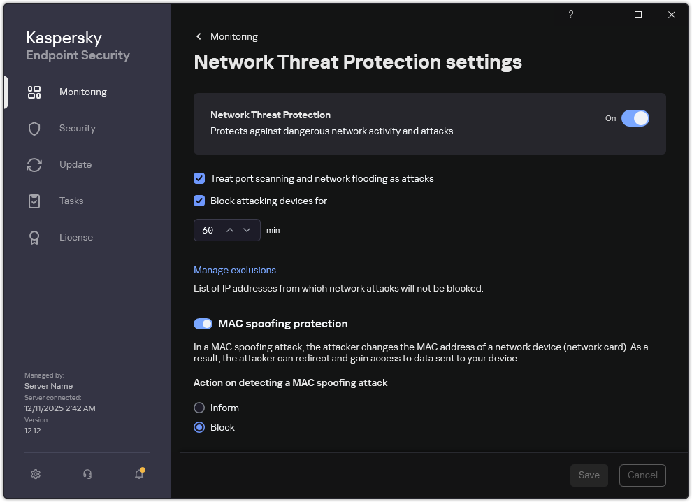 Network Threat Protection settings window
