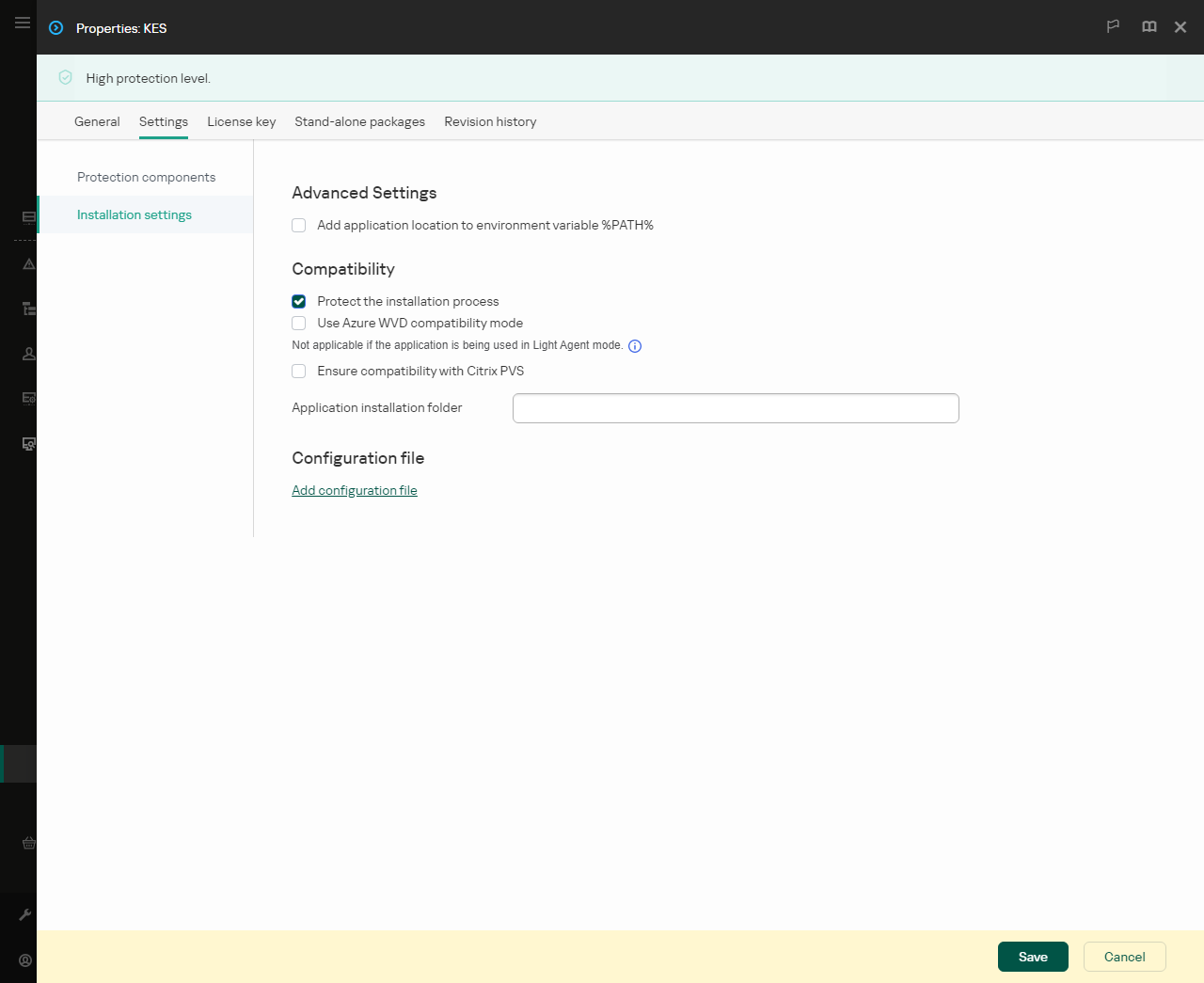 Installation package properties window. You can configure the installation of the application.