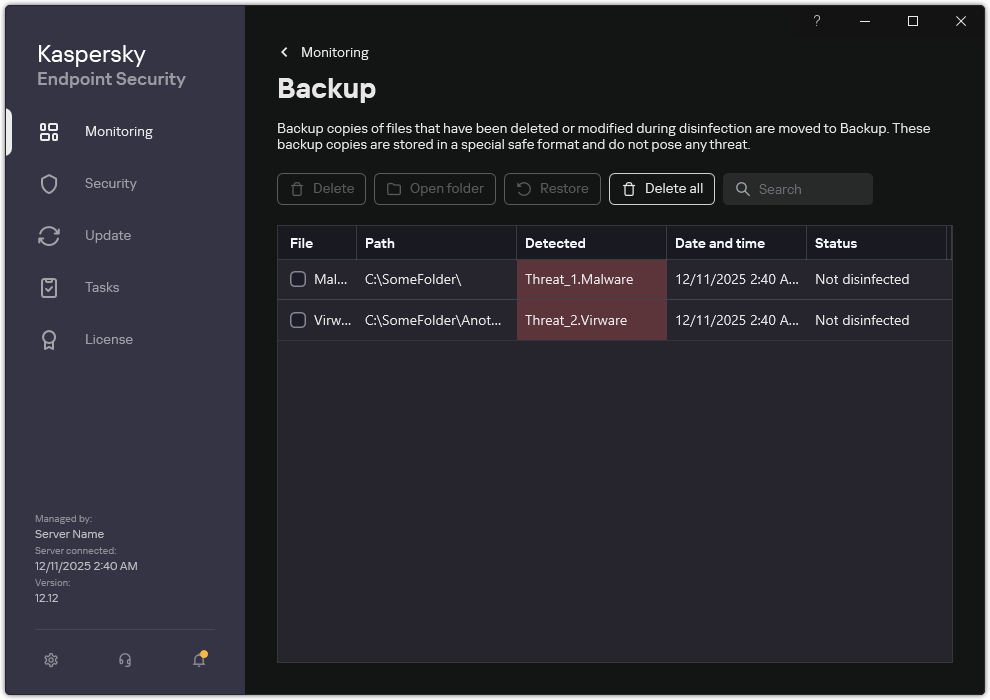 Backup window. The user can uninstall or restore objects from Backup.