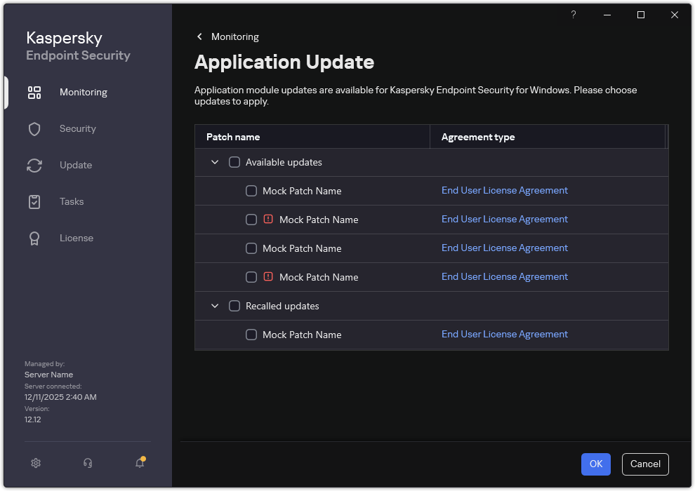 Window with a list of available patches. The user can select patches and accept the terms and conditions of agreements.