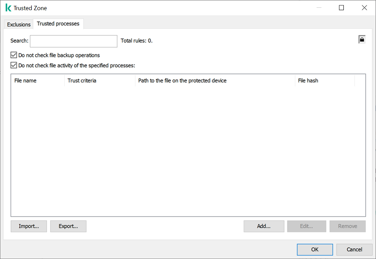 Window for adding trusted processes in KSWS settings.