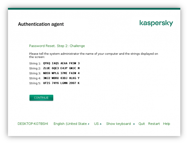 Window for restoring access to the encrypted hard drive. The user can copy the request blocks to send to the administrator.