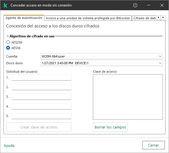Una ventana con campos para introducir el contenido de la solicitud del usuario y un campo para la clave generada para acceder al disco cifrado.