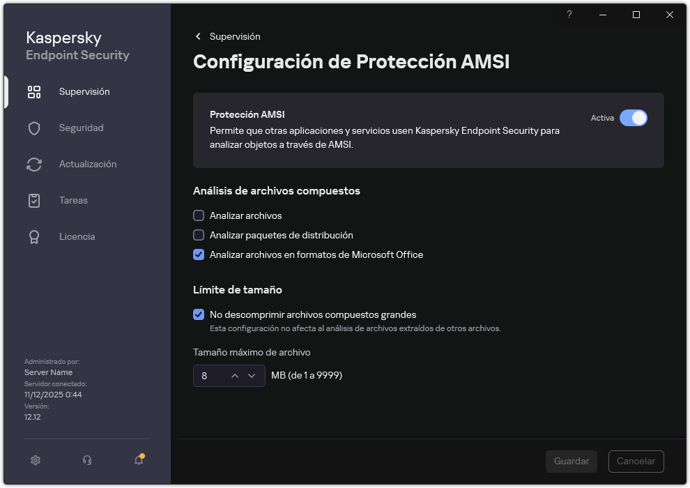 Ventana Configuración de Protección AMSI.