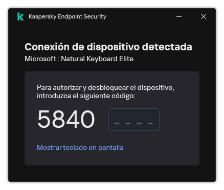 La ventana con el código de autorización del teclado. El usuario puede activar el teclado en pantalla e introducir el código.