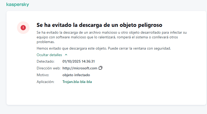 Notificación de Kaspersky sobre cómo evitar que un objeto malicioso se cargue en la ventana del navegador.