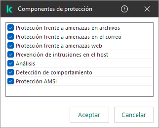 Una ventana con la lista de componentes de la aplicación. La exclusión se aplica únicamente a la operación de los componentes seleccionados.