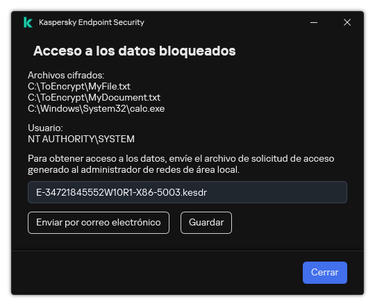 Una ventana con un archivo de solicitud para acceder a datos cifrados. El usuario puede guardar el archivo generado en el disco o enviarlo por correo electrónico.