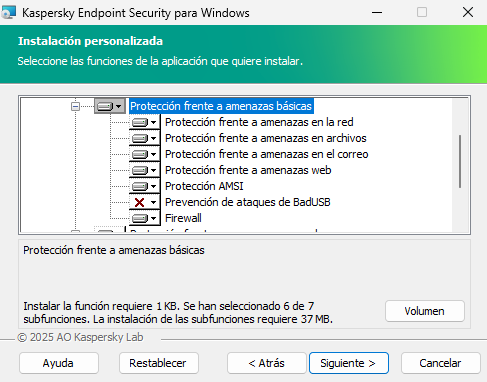 Ventana del instalador con una lista de componentes que un usuario puede seleccionar.