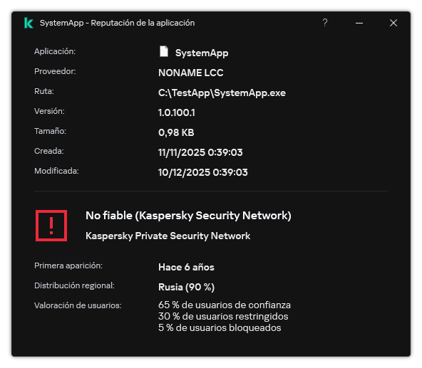 La ventana contiene información sobre la reputación del archivo y otros datos, como la presencia de una firma digital.