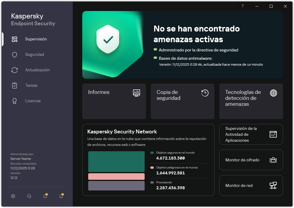 La ventana principal de la aplicación contiene secciones para la supervisión de la seguridad del equipo y el control de la aplicación.