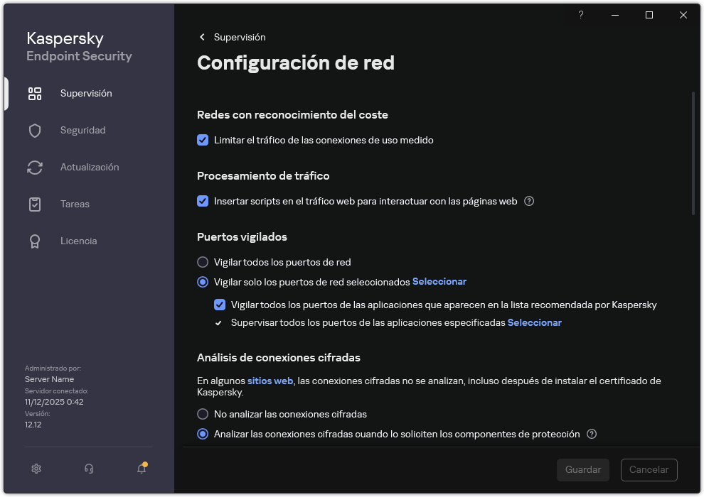 Ventana de configuración de red de la aplicación.