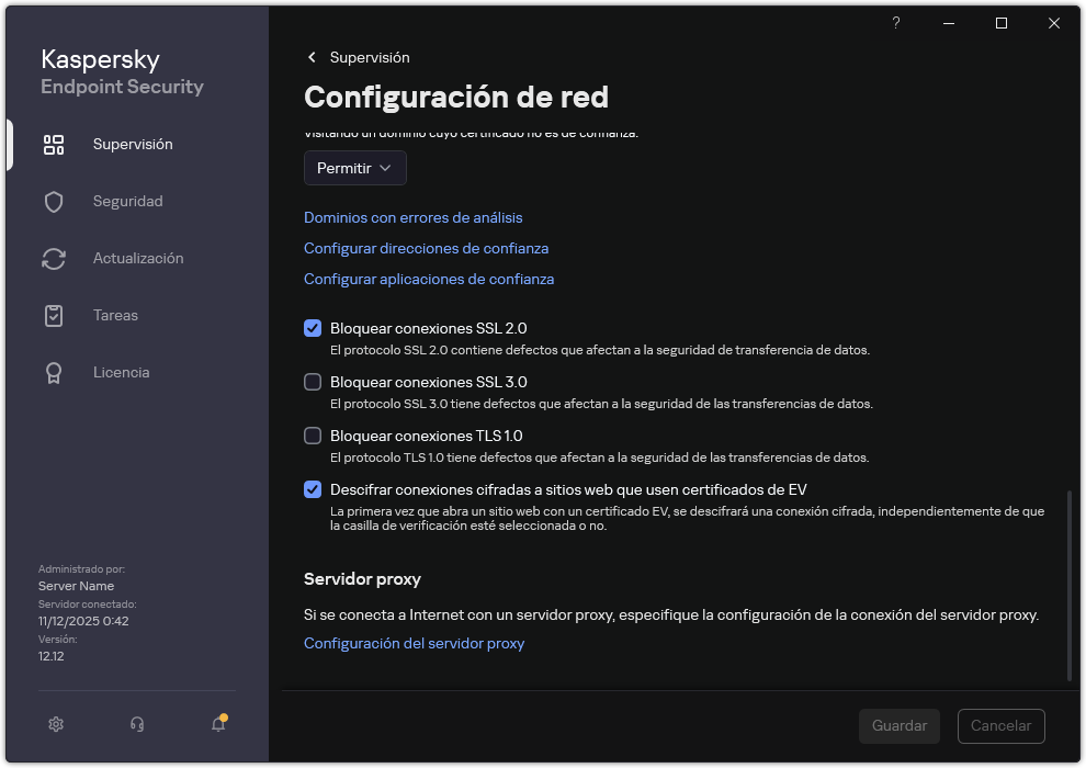 Ventana de configuración de red de la aplicación.