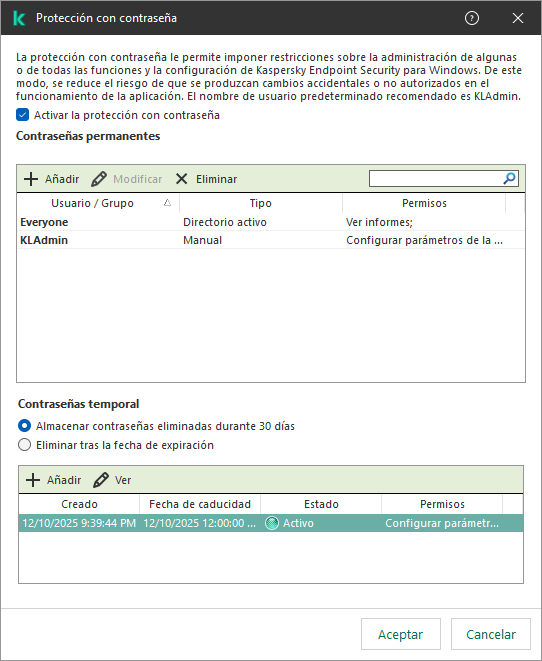 Ventana de administración de contraseñas temporales.
