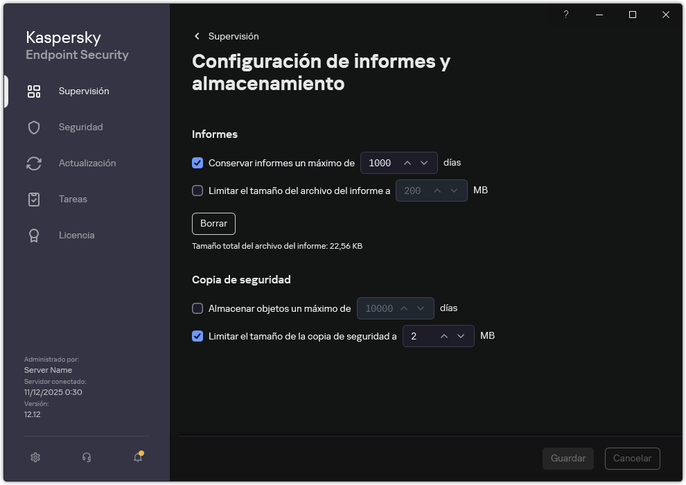 Ventana de configuración de informes y almacenamiento. El usuario puede establecer el tamaño y limitar el tiempo de almacenamiento de informes y objetos en el repositorio.