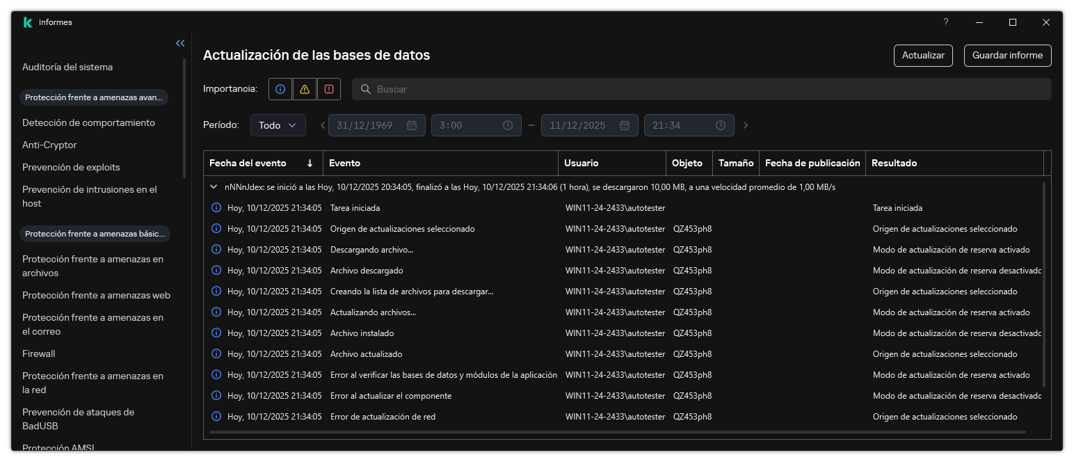 Una ventana con la lista de eventos del informe. El usuario puede filtrar/ordenar eventos y guardar informes en un archivo.