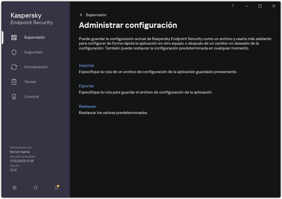 Ventana de configuración de exclusiones. El usuario puede exportar, importar o restaurar la configuración de la aplicación.