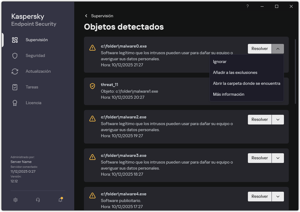Una ventana con la lista de objetos detectados. Aparece información sobre el objeto. El usuario puede resolver o eliminar el objeto.