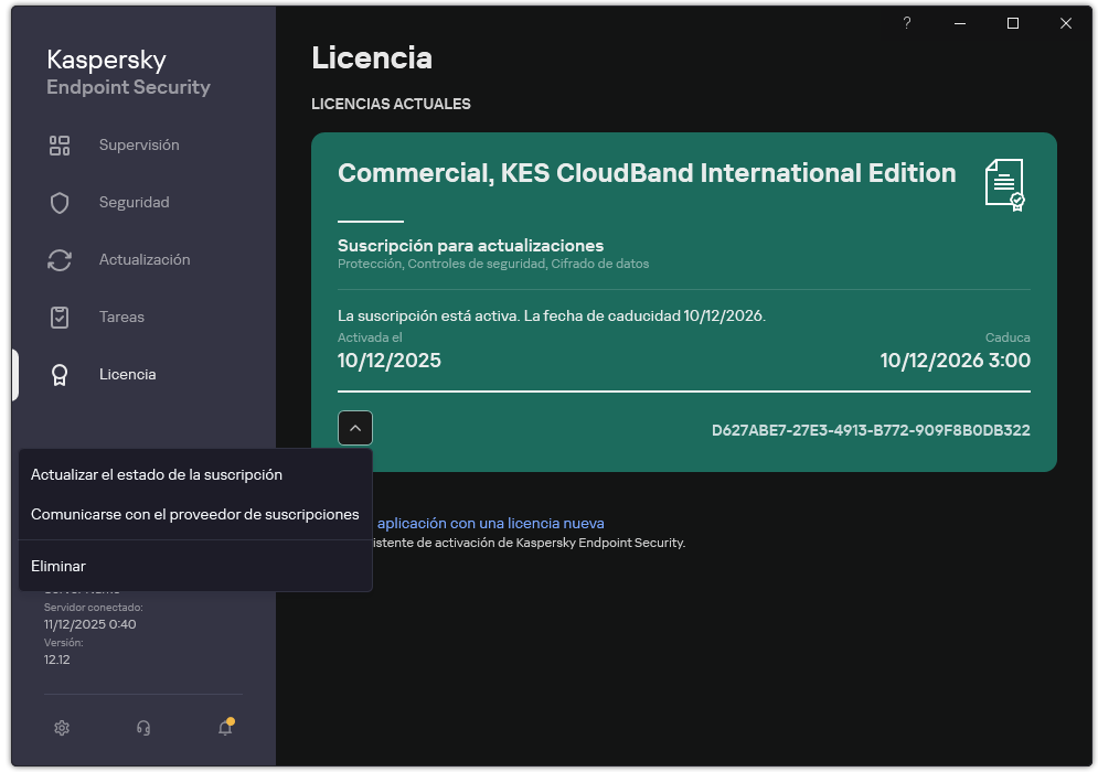 La ventana con información acerca de la licencia. El usuario puede actualizar de la suscripción, ponerse en contacto con el proveedor de la suscripción o eliminar la licencia.