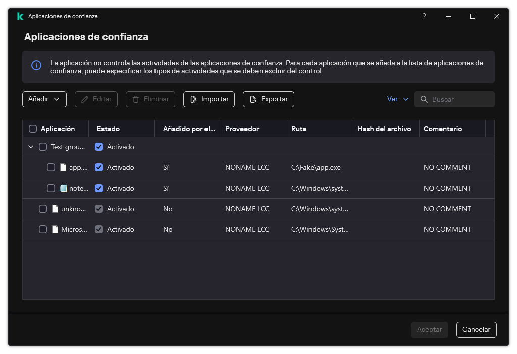 Una ventana con la lista de aplicaciones de confianza. El usuario puede agregar, editar o eliminar una aplicación de confianza.