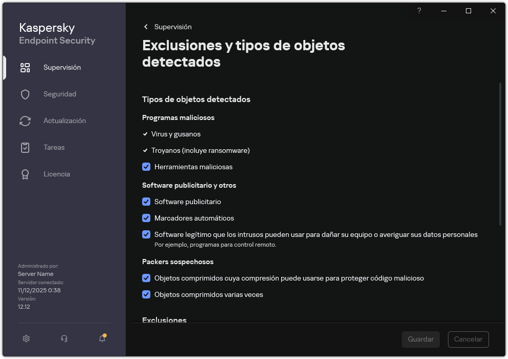 Ventana de configuración de exclusiones. El usuario puede seleccionar tipos de objetos detectables y añadir objetos a las exclusiones.