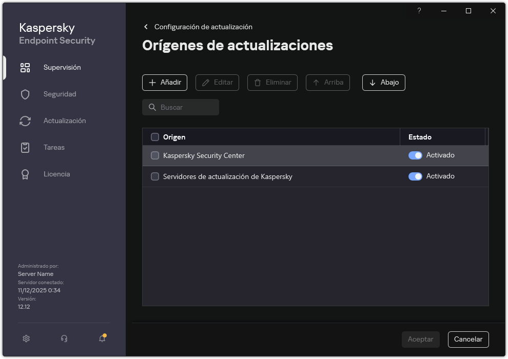 Una ventana con la lista de fuentes de actualización. El usuario puede agregar fuentes de actualización y asignar una prioridad a la fuente.