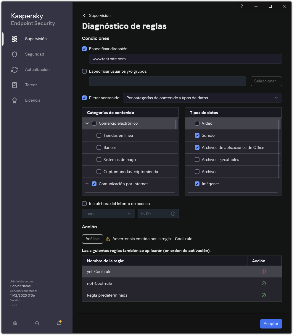 Ventana de resultados de pruebas de recursos web.
